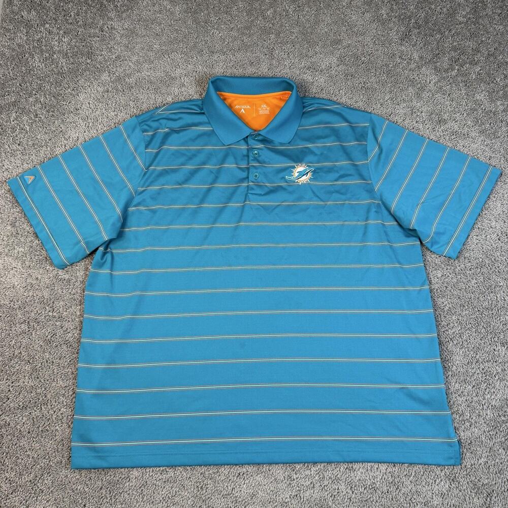 Miami Dolphins Polo Shirt Mens 2XL Blue Striped Short Sleeve 100% Polyester